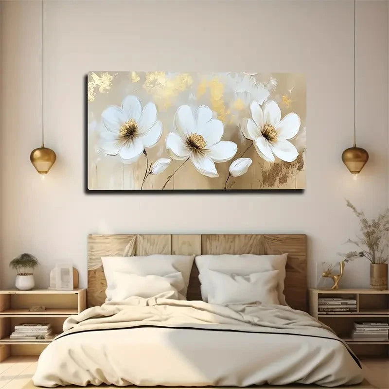 Three White Flower Golden Petal Wall Art Canvas Office Home Room Framed 120x60cm