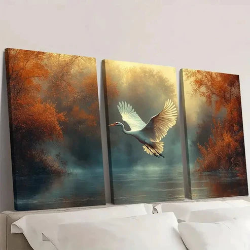 3pcs White Crane Flying Misty Forest Wall Art Set Canvas Unframed - High Quality Print 100% Australian Made Wall Canvas