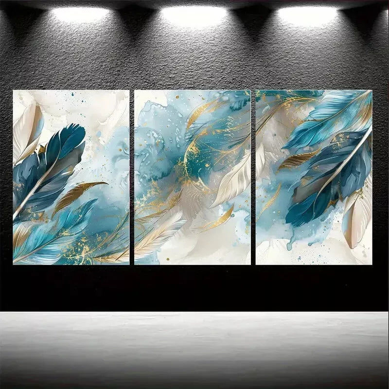 3pcs Blue & White Feathers Abstract Canvas Framed 40x60cm - High Quality Print 100% Australian Made Wall Canvas Ready to Hang - Bella Home Decor