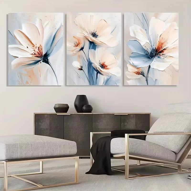 3pcs Light Blue Flowers Modern Plant Wall Art Set Canvas Framed 50x70cm - High Quality Print 100% Australian Made Wall Canvas Ready to Hang