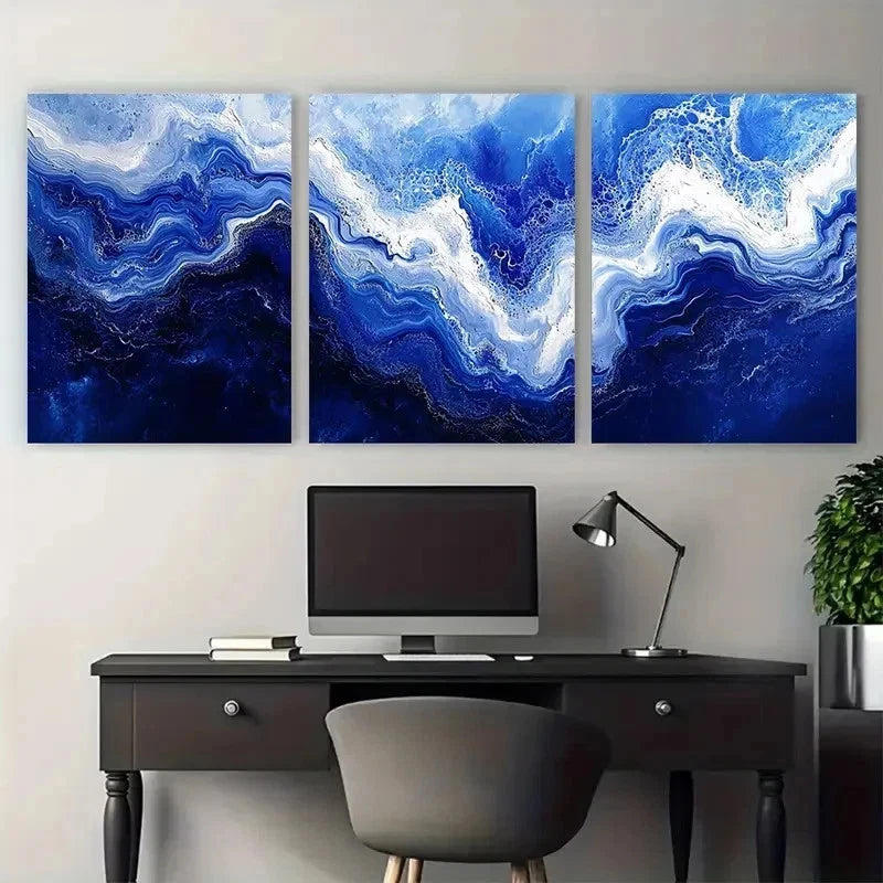 3pcs Rich Blue And White Abstract Perfect Wall Art Set Canvas Framed 50x70cm - High Quality Print 100% Australian Made Wall Canvas Ready to Hang