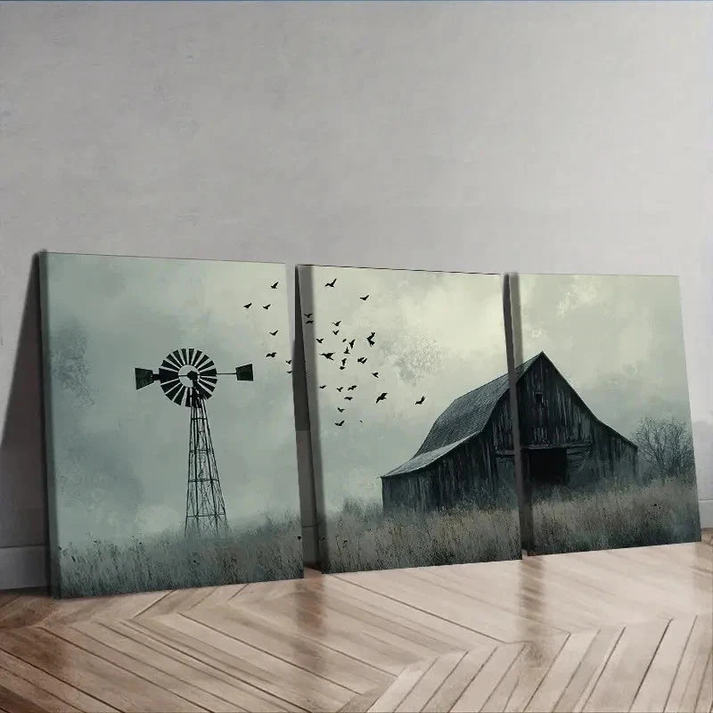 3pcs Black & White Barns and Windmills Wall Art Set Canvas Framed 50x70cm - High Quality Print 100% Australian Made Wall Canvas Ready to Hang - Bella Home Decor