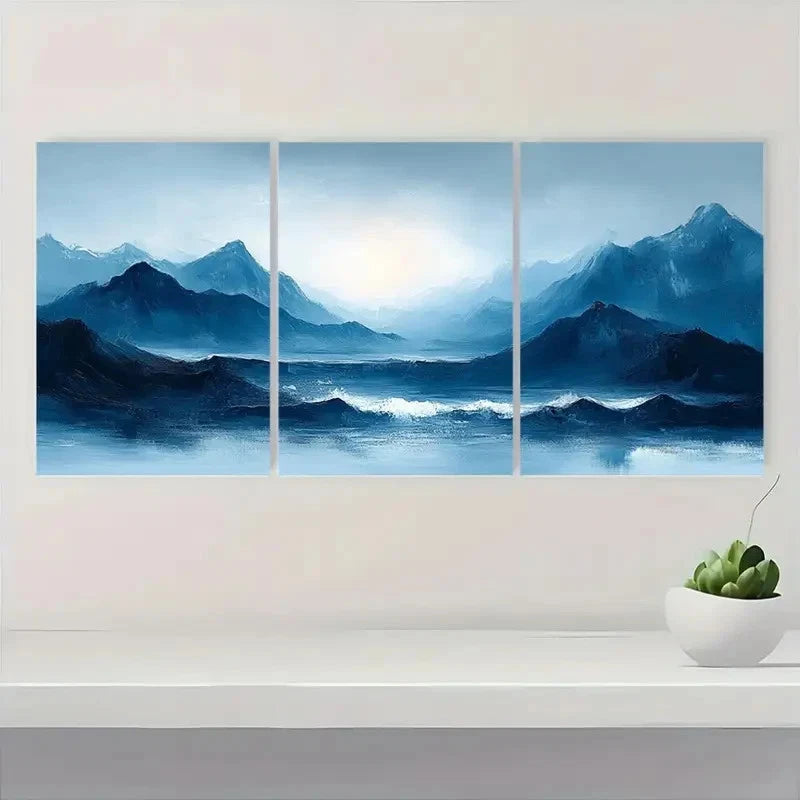 3pcs Blue Gray Pastel Abstract Mountain & Sea Wall Art Set Canvas Framed 60x90cm - High Quality Print 100% Australian Made Wall Canvas Ready to Hang - Bella Home Decor