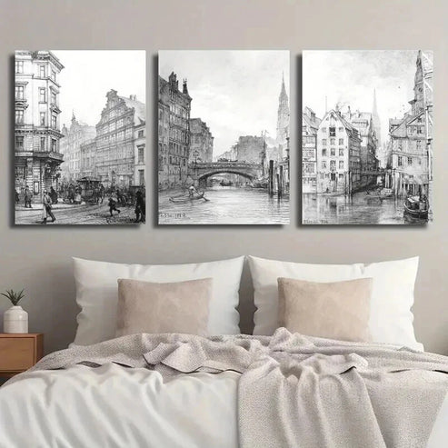 3pcs Architectural Sketch City and Waterway Wall Art Canvas Unframed - High Quality Print 100% Australian Made Wall Canvas - Bella Home Decor