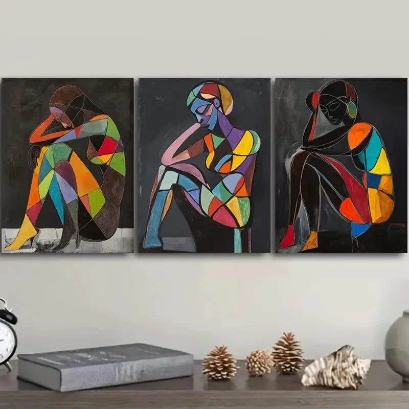 3pcs Colorful Cubist Figures in Deep Thought Wall Art Set Canvas Framed 40x60cm - High Quality Print 100% Australian Made Wall Canvas Ready to Hang - Bella Home Decor