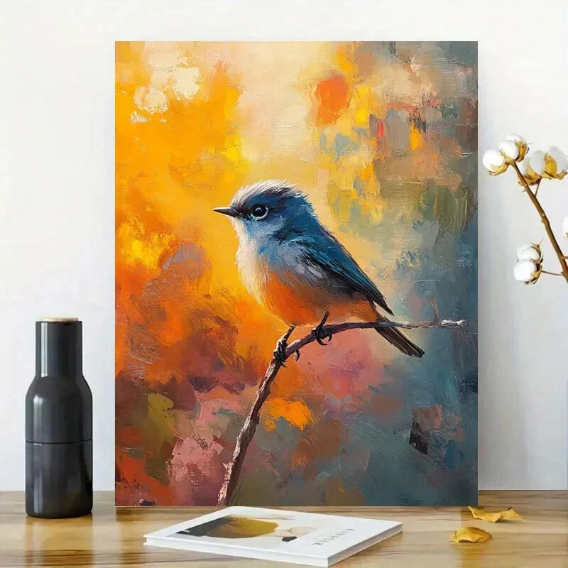 Cute Bird Painting Yellow Blue 40x60cm Metal Print Ready to Hang