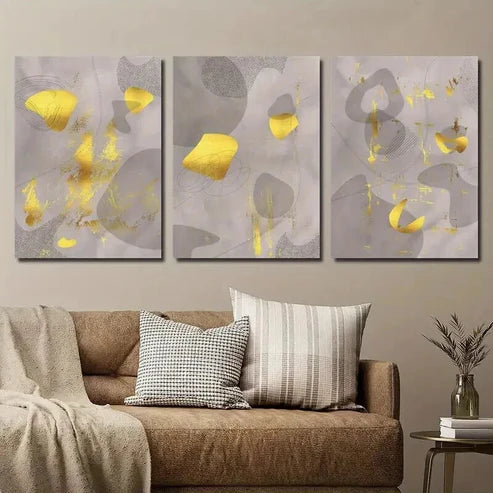 3pcs Medieval Golden And Brown Shapes Wall Art Canvas Unframed - High Quality Print 100% Australian Made Wall Canvas