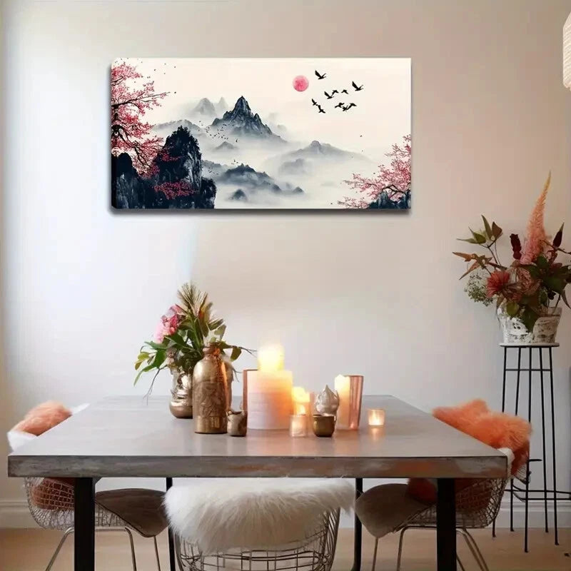 Mountain and Cherry Blossom Wall Art Canvas Office Home Room Framed 120x60cm - Bella Home Decor
