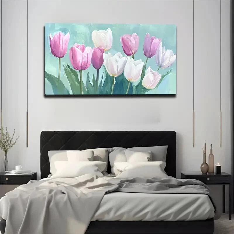 White & Light Blue Pink Tulip Wall Art Canvas Office Home Room Framed 120x60cm - Bella Home Decor
