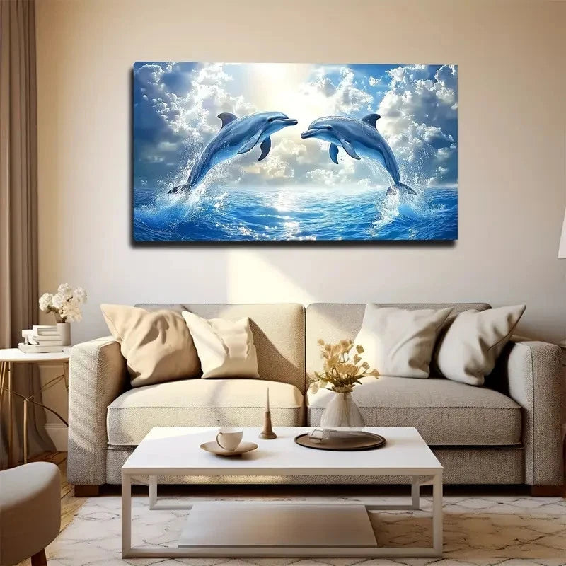 Dolphins Leaping Love Wall Art Canvas Office Home Room Framed 120x60cm - Bella Home Decor