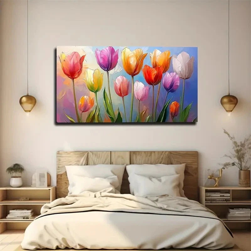 Multicoloured Tulips Underneath Wall Art Canvas Office Home Room Framed 120x60cm