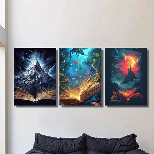 3pcs Mountains Vibrant Dragons & Red Castles Wall Art Set Canvas Unframed - High Quality Print 100% Australian Made Wall Canvas