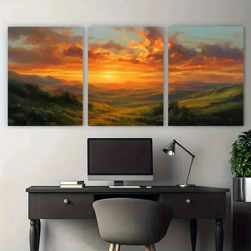 3pcs Golden Sunset Over Rolling Hills Perfect Wall Art Canvas Framed 60x90cm - Bella Home Decor
