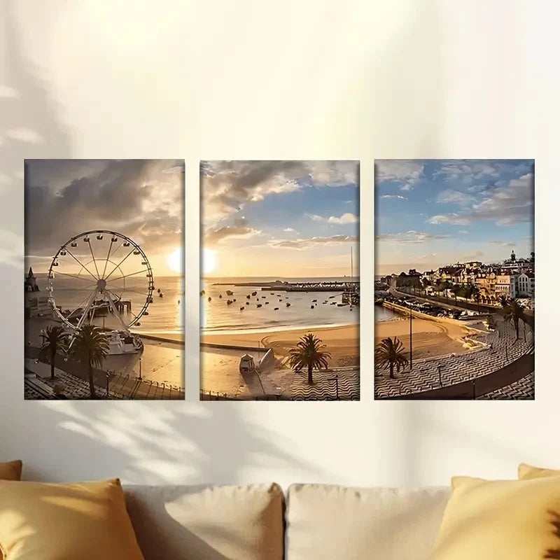 3pcs Ferris on The Beach at Sunset Wall Art Set Canvas Framed 60x90cm - High Quality Print 100% Australian Made Wall Canvas Ready to Hang