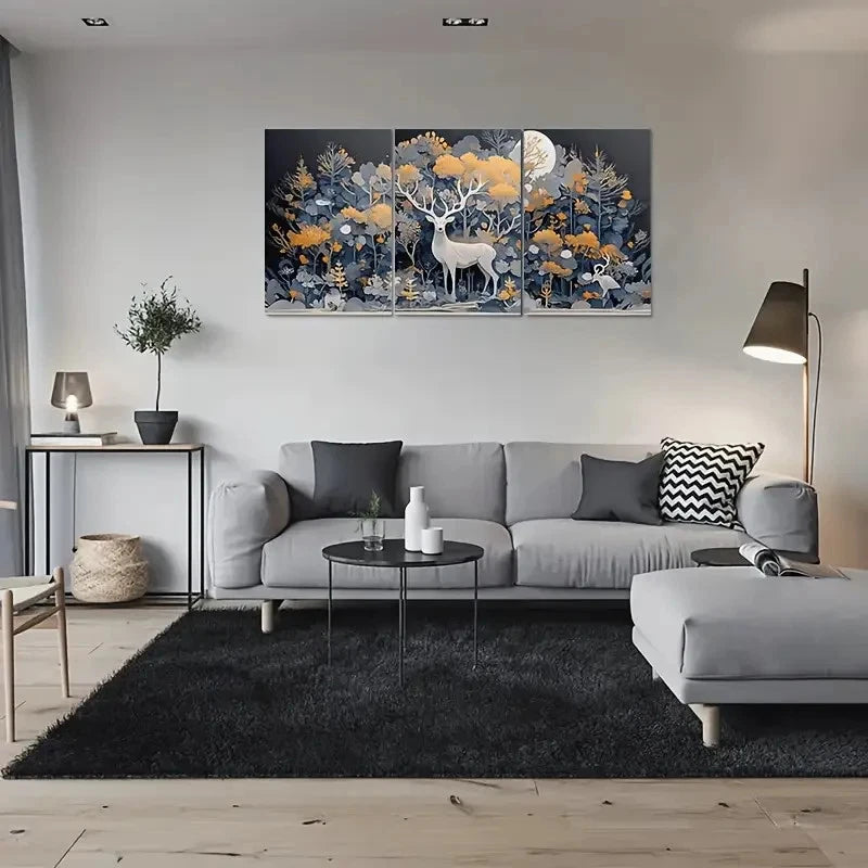 3pcs Enchanted Forest Moonlit Deer Wall Art Set Canvas Framed 40x60cm - High Quality Print 100% Australian Made Wall Canvas Ready to Hang