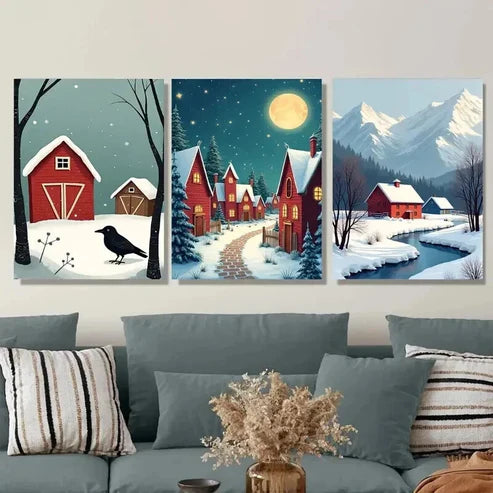 3pcs Cozy Winter Village Snowy Night Scene Wall Art Canvas Unframed - High Quality Print 100% Australian Made Wall Canvas - Bella Home Decor