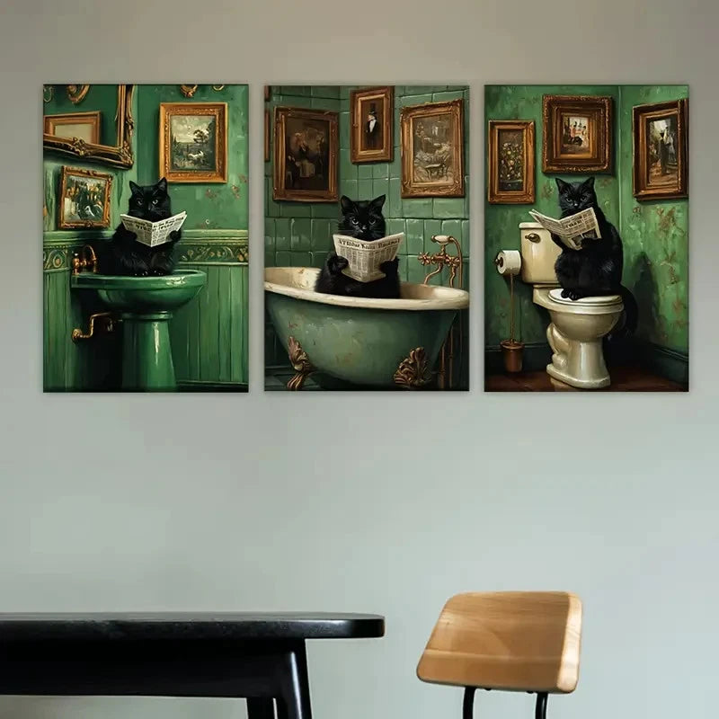 3pcs Whimsical Cat Bathroom Wall Art Set Canvas Framed 50x70cm - High Quality Print 100% Australian Made Wall Canvas Ready to Hang - Bella Home Decor