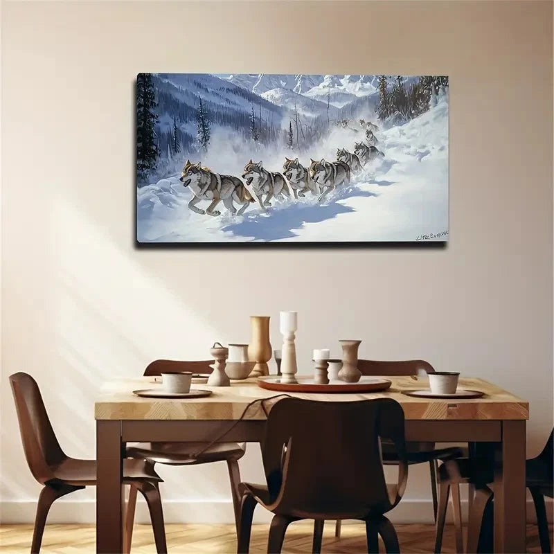 The Wolf Running On The Snow Wall Art Canvas Office Home Room Framed 120x60cm