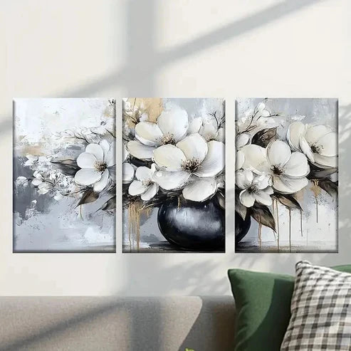 3pcs Elegant White Flowers in Black Vase Wall Art Set Canvas Unframed - High Quality Print 100% Australian Made Wall Canvas
