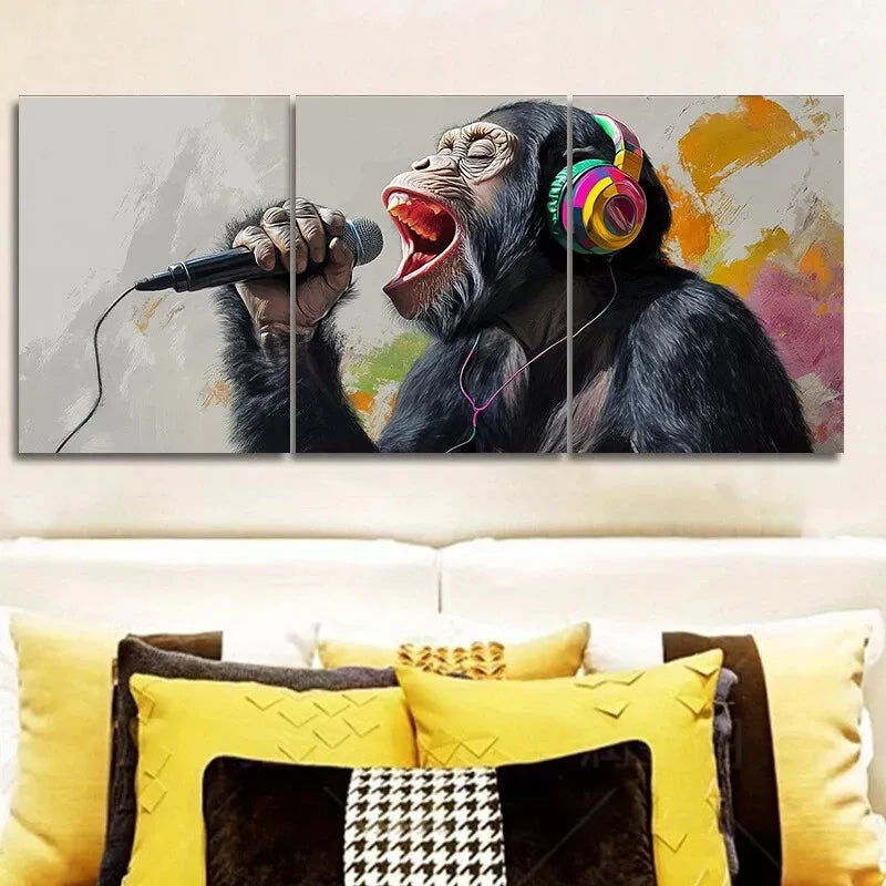 3pcs Featuring A Chimpanzee Holding A Mic Wall Art Set Canvas Framed 50x70cm - High Quality Print 100% Australian Made Wall Canvas Ready to Hang