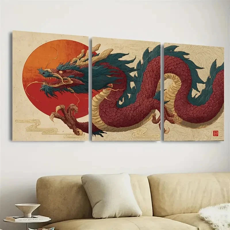 3pcs Japanese Dragon Fantasy Oriental Print Wall Art Set Canvas Framed 40x60cm - High Quality Print 100% Australian Made Wall Canvas Ready to Hang