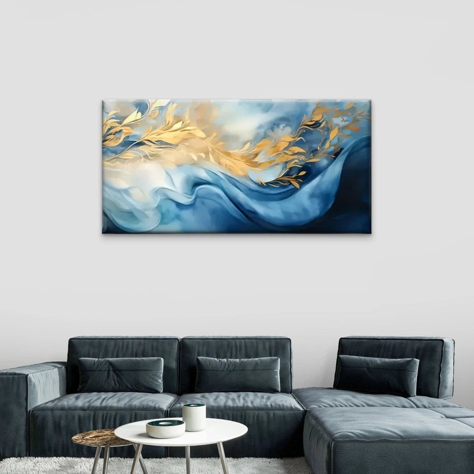 Blue & Golden Floral Waves Wall Art Canvas Office Home Room Framed 120x60cm