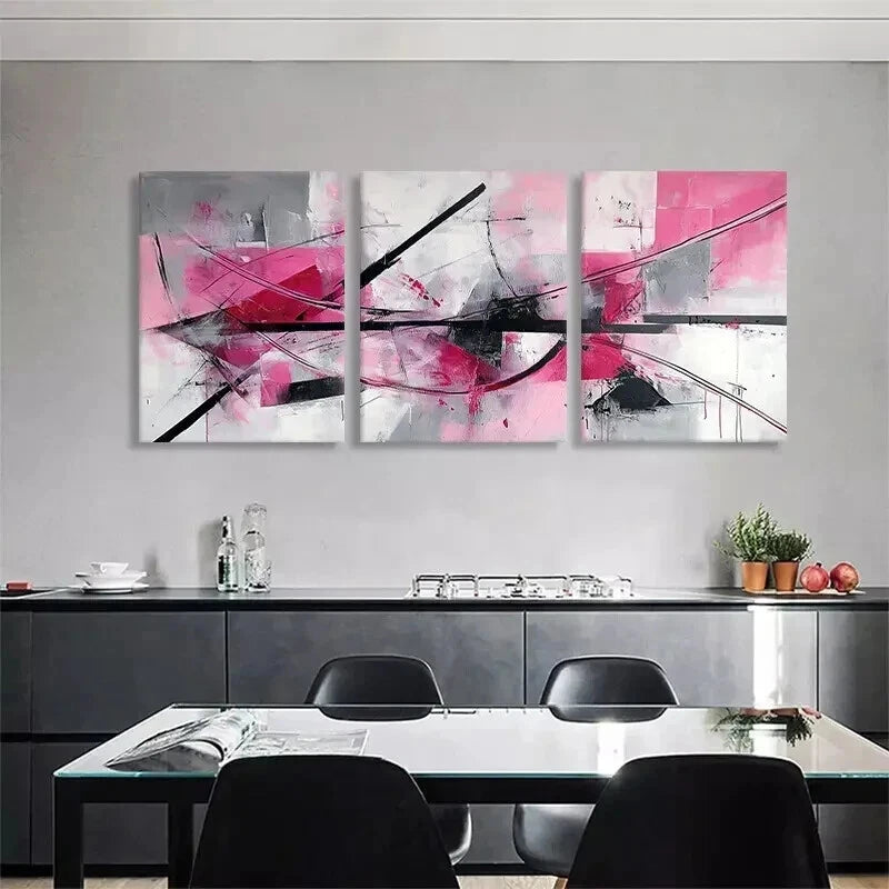 3pcs Abstract Geometric Pink & Black Perfect Wall Art Set Canvas Framed 50x70cm - High Quality Print 100% Australian Made Wall Canvas Ready to Hang