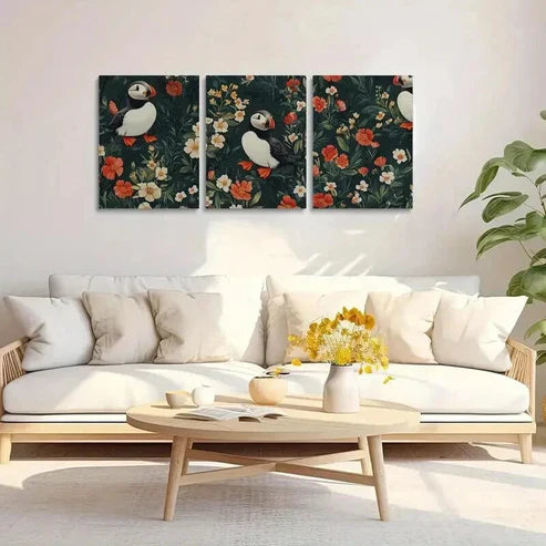 3pcs Puffins & Blooming Flowers Decorations Wall Art Set Canvas Unframed - High Quality Print 100% Australian Made Wall Canvas - Bella Home Decor