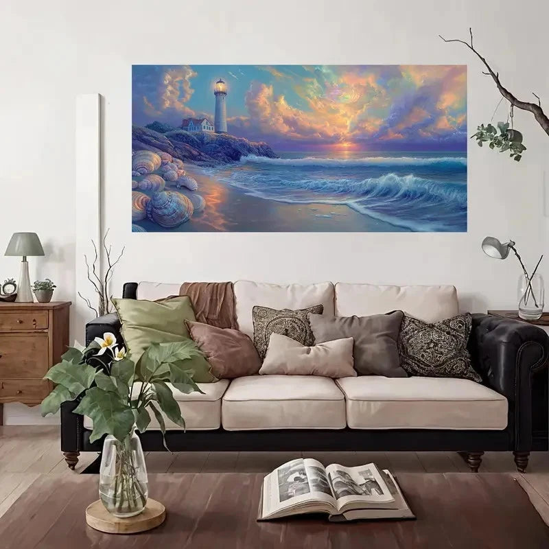 Lighthouse Sunset Coastal Wall Art Canvas Office Home Room Framed 120x60cm
