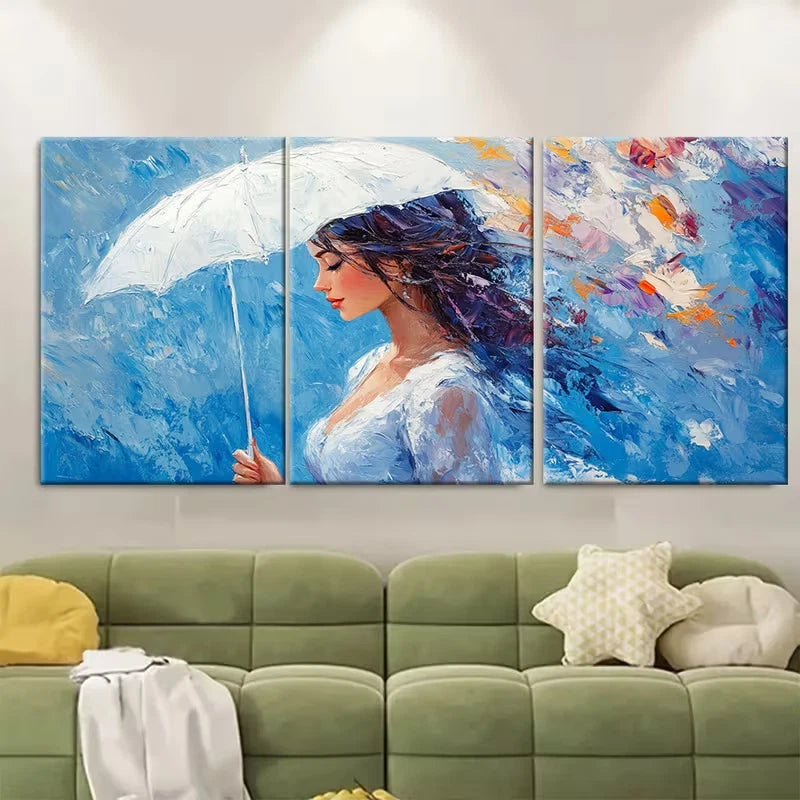 3pcs Woman with White Umbrella Metal Print Ready to Hang Art