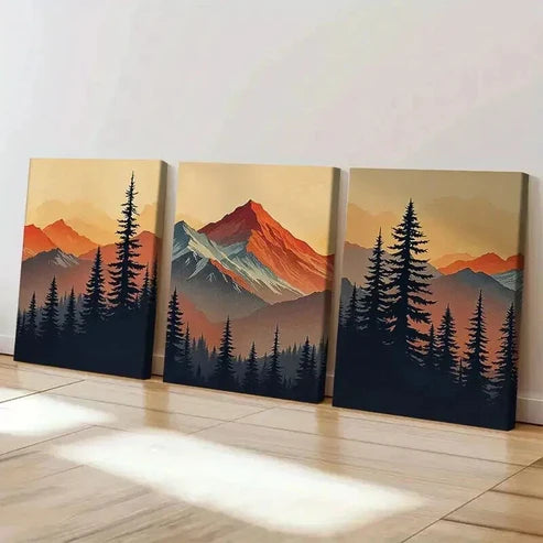 3pcs Rustic Mountain Forest at Sunset and Reeds Art Set Canvas Unframed - High Quality Print 100% Australian Made Wall Canvas
