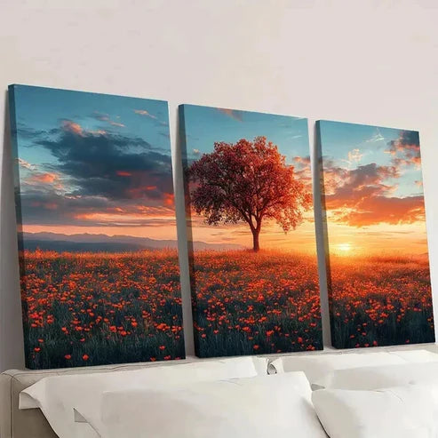 3pcs Home Relaxation Sunset Meadow Landscape Wall Art Set Canvas Unframed - High Quality Print 100% Australian Made Wall Canvas