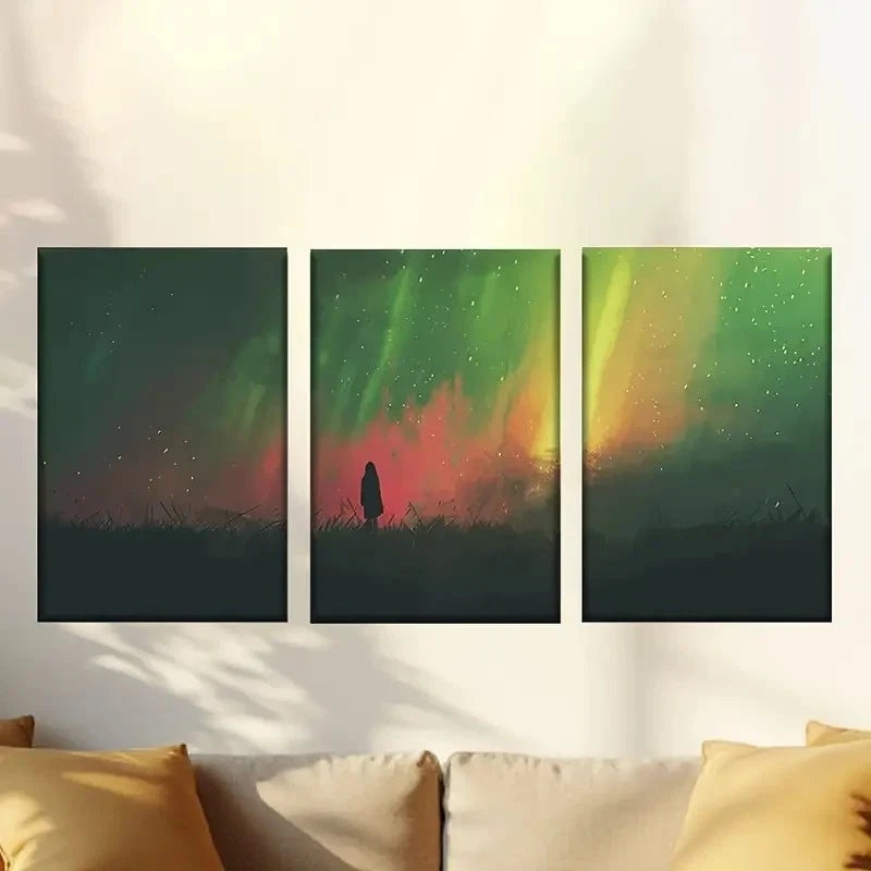 3pcs People under the Aurora Wall Art Set Canvas Framed 60x90cm - High Quality Print 100% Australian Made Wall Canvas Ready to Hang