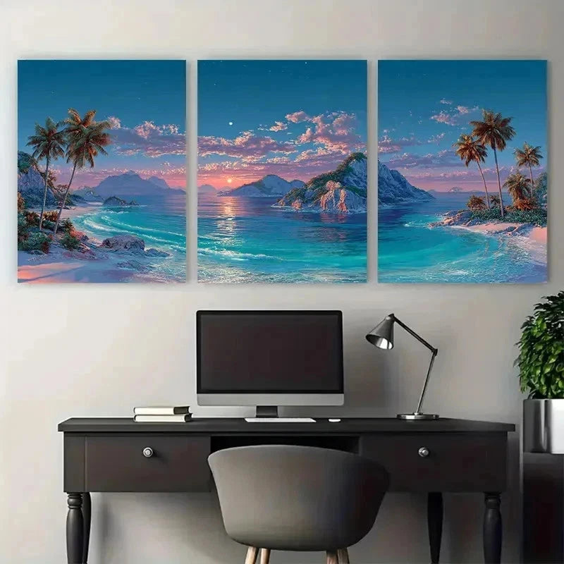 3pcs Paradise Beach At Dusk Seamless Perfect Wall Art Set Canvas Framed 50x70cm - High Quality Print 100% Australian Made Wall Canvas Ready to Hang