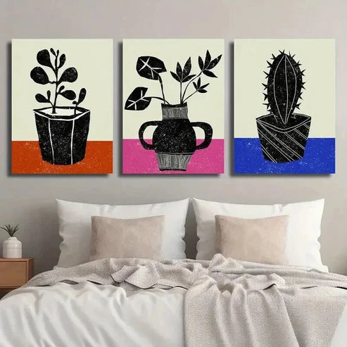 3pcs Botanical Leaf Cactus Silhouette Wall Art Set Canvas Unframed - High Quality Print 100% Australian Made Wall Canvas - Bella Home Decor