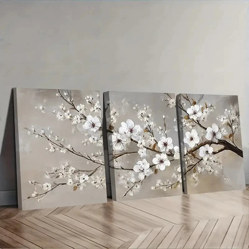 3pcs White Blossoms Plum Blossom Wall Art Set Canvas Framed 50x70cm - High Quality Print 100% Australian Made Wall Canvas Ready to Hang