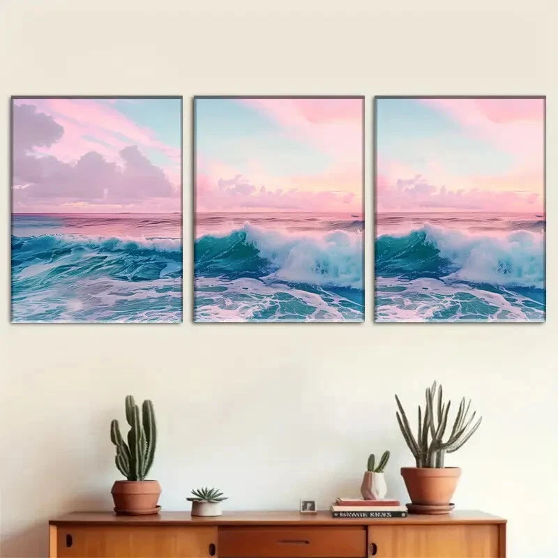 3pcs Ocean Wave Pink Sky Sea Landscape Perfect Wall Art Set Canvas Framed 60x90cm - High Quality Print 100% Australian Made Wall Canvas Ready to Hang - Bella Home Decor