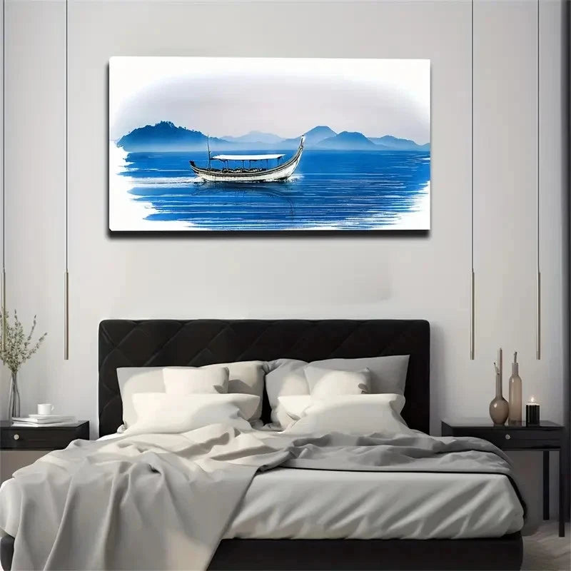 Boat On Blue Water Modern Wall Art Canvas Office Home Room Framed 120x60cm