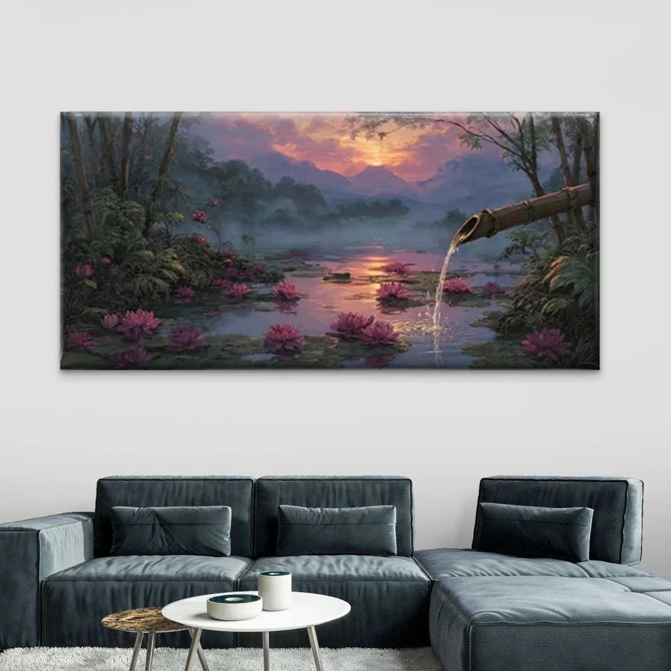 Serene Water with Pink Lotus Wall Art Canvas Office Home Room Framed 120x60cm