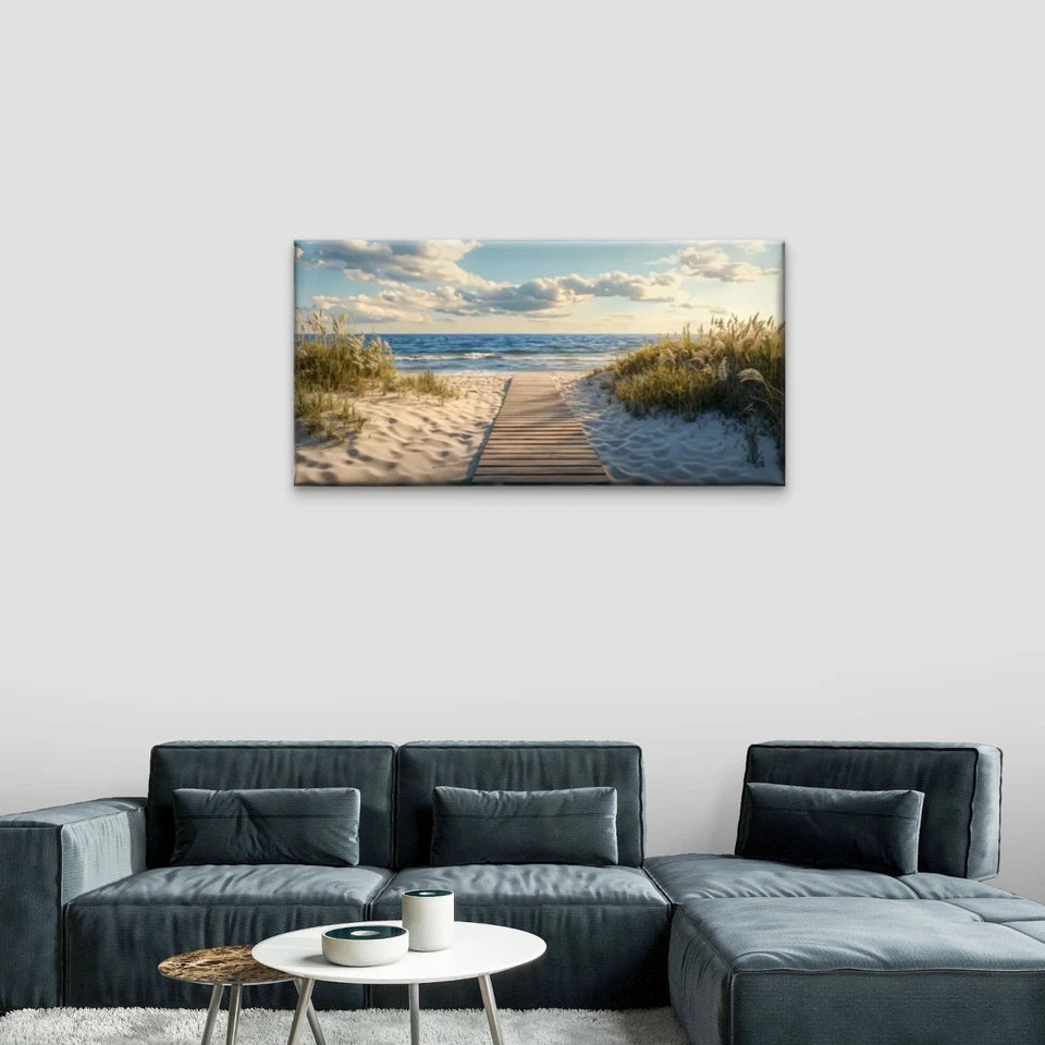 Boardwalk Beach Cloud Sky Wall Art Canvas Office Home Room Framed 120x60cm