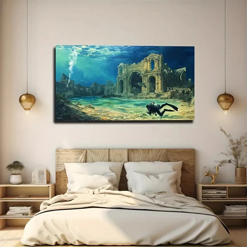 Underwater Ruins Diver Style Wall Art Canvas Office Home Room Framed 120x60cm