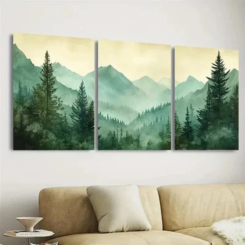 3pcs Green Forest Serenity with Mountain Wall Art Set Canvas Unframed - High Quality Print 100% Australian Made Wall Canvas - Bella Home Decor