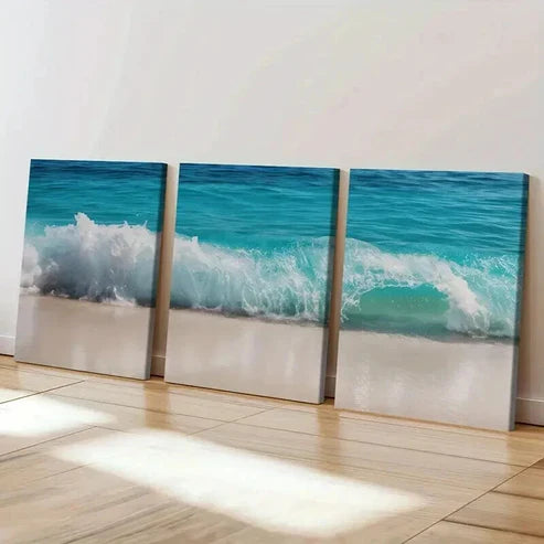 3pcs Ocean Wave Turquoise Water Sandy Beach Wall Art Set Canvas Unframed - High Quality Print 100% Australian Made Wall Canvas