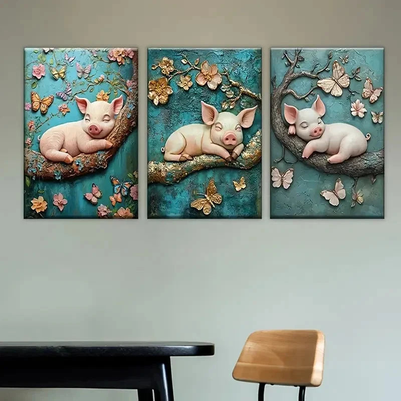 3pcs Whimsical Piglet & Butterfly Garden Wall Art Set Canvas Framed 50x70cm - High Quality Print 100% Australian Made Wall Canvas Ready to Hang - Bella Home Decor