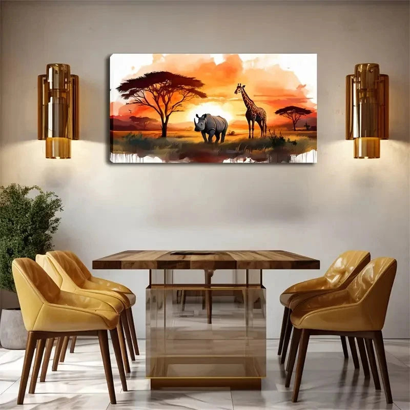 Rhinoceros And Giraffe Wall Art Canvas Office Home Room Framed 120x60cm