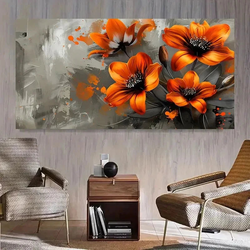 Orange Flowers & Gray Abstract Wall Art Canvas Office Home Room Framed 120x60cm
