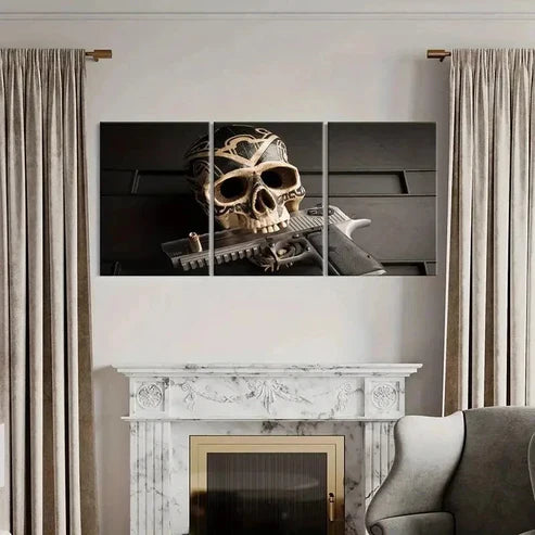 3pcs Skeleton Holding Pistol In Mouth Wall Art Set Canvas Unframed - High Quality Print 100% Australian Made Wall Canvas