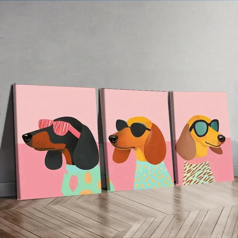 3pcs Dog Glasses & Stylish Outfits Perfect Wall Art Set Canvas Framed 50x70cm - High Quality Print 100% Australian Made Wall Canvas Ready to Hang - Bella Home Decor