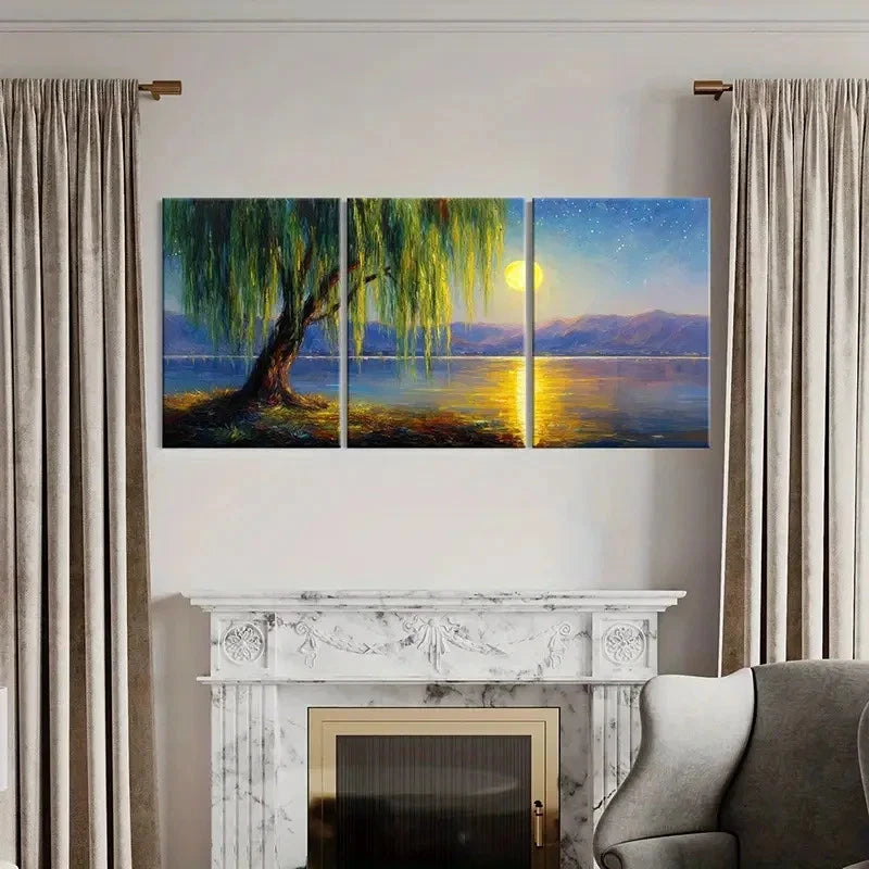 3pcs Moonlit Willow Tree Serene Lake Reflection Wall Art Set Canvas Framed 40x60cm - High Quality Print 100% Australian Made Wall Canvas Ready to Hang