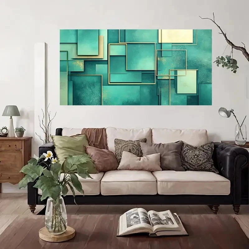 Vintage Teal Green Golden Wall Art Canvas Office Home Room Framed 120x60cm